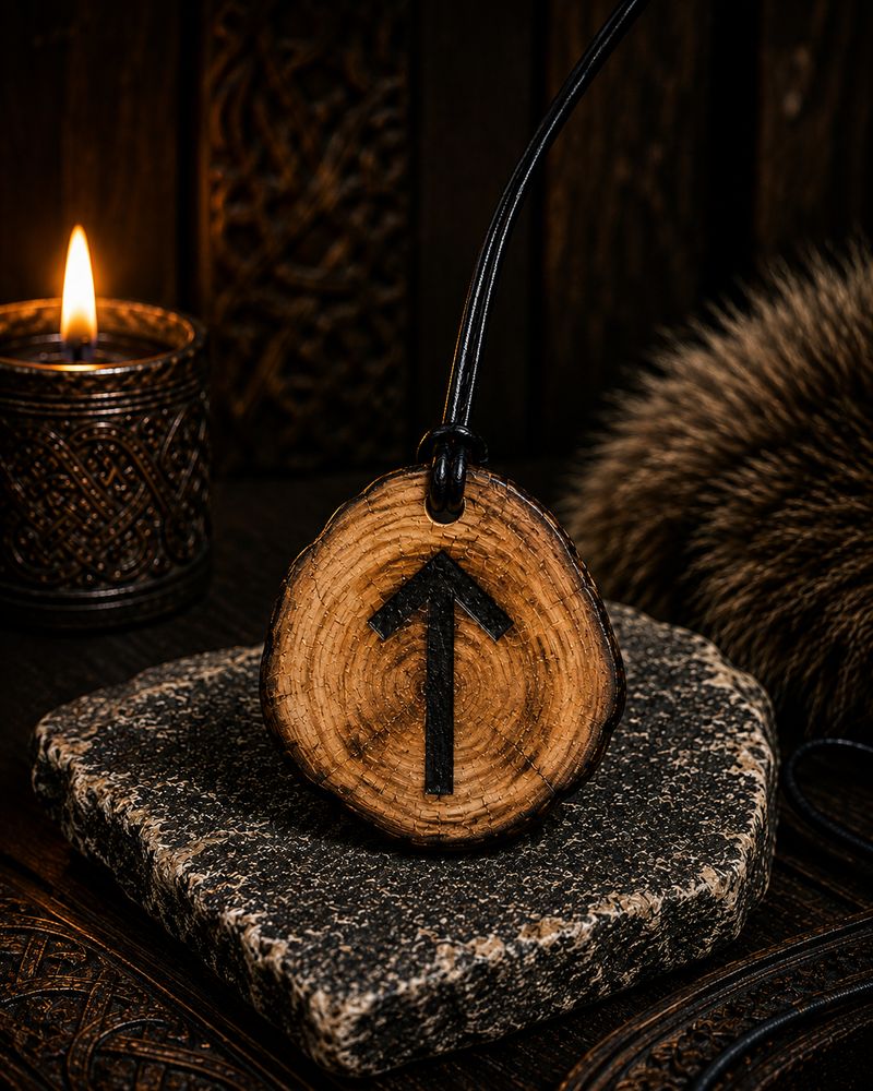 Handcrafted Tiwaz Wooden Pendant – Genuine Leather Cord - Image 2