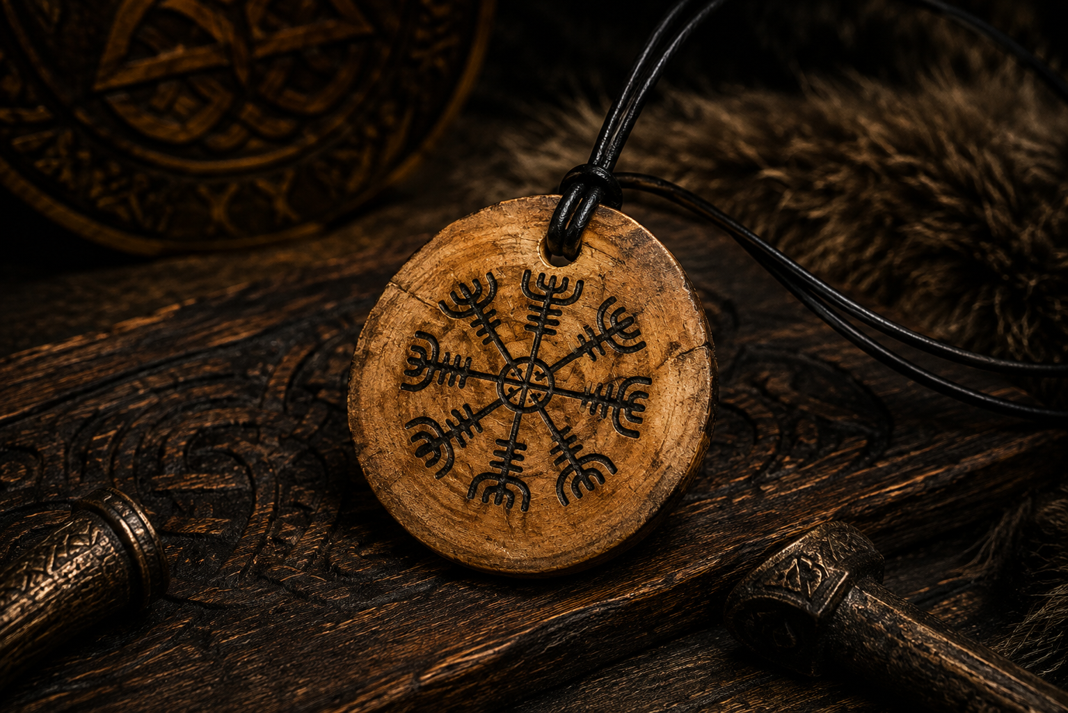 Handcrafted Vegvísir Wooden Pendant – Genuine Leather Cord - Image 2